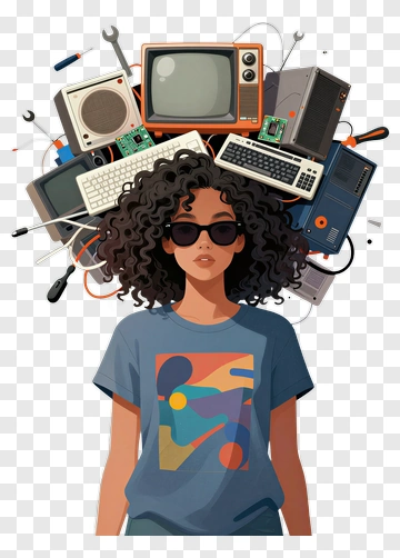 Girl With Retro Technology Background PNG