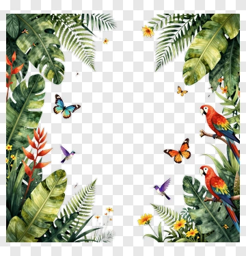 Tropical Frame With Parrots And Butterflies PNG