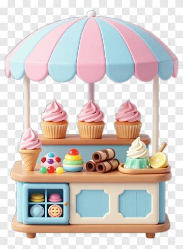 Colorful Ice Cream Stand With Cupcakes And Candy PNG