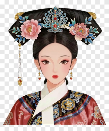 Chinese Woman In Traditional Dress With Floral Hair Accessories PNG