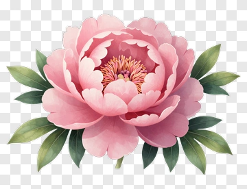 Pink Peony Flower With Green Leaves PNG