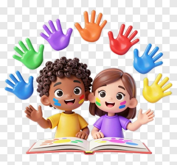 Happy Children Engaging With A Colorful Art Book PNG