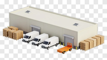 Warehouse With Delivery Vans And Cargo PNG