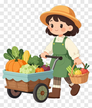 Cartoon Farmer Pushing A Vegetable Cart PNG