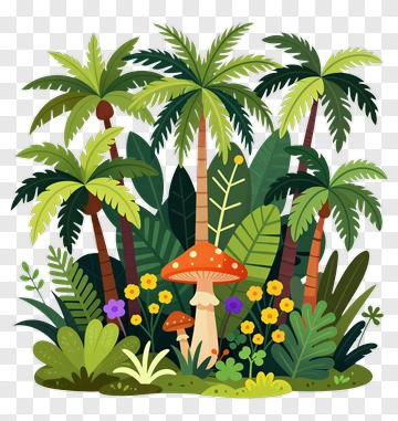 Colorful Tropical Jungle Scene With Mushrooms And Plants PNG