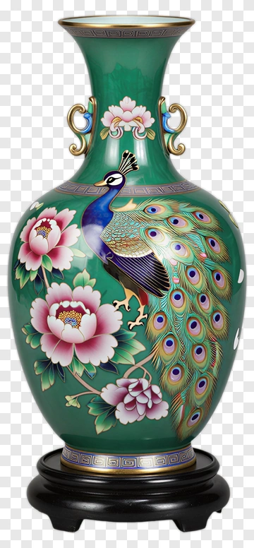 Decorative Green Vase With Peacock And Floral Design PNG
