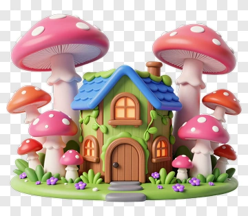 Colorful Mushroom House Surrounded By Giant Mushrooms PNG