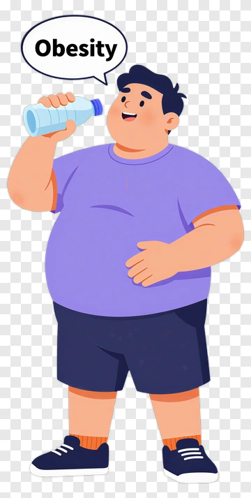 Cartoon Boy Holding A Water Bottle With Obesity Text PNG