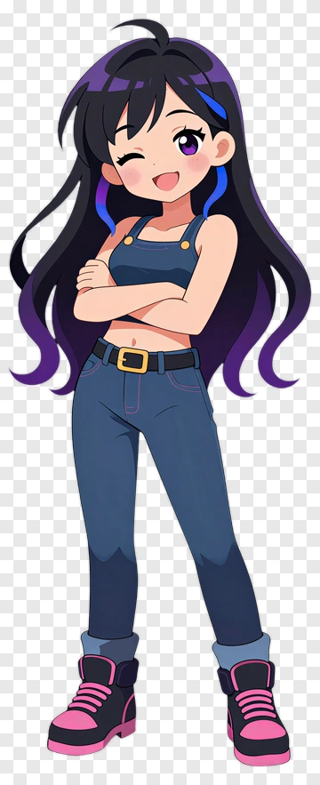 Cartoon Girl With Long Hair Wearing Jeans PNG