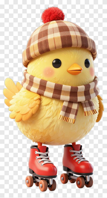 3D Chick On Roller Skates Wearing A Hat And Scarf PNG