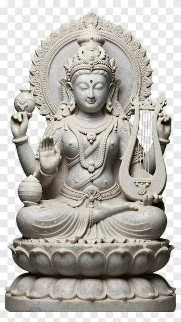 Marble Statue Of Goddess Saraswati Playing Veena PNG