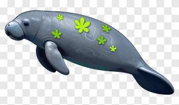 Cartoon Manatee With Green Flowers PNG