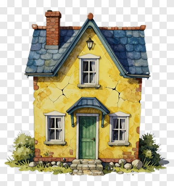 Cartoon Yellow House With Green Door PNG