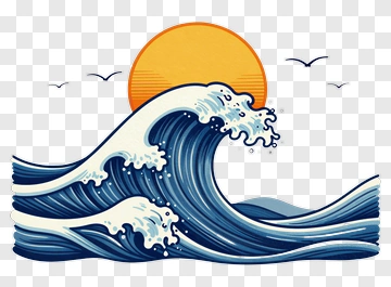 Stylized Ocean Waves With Sun And Birds PNG