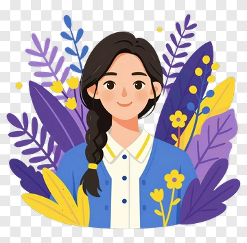 Cartoon Woman Surrounded By Colorful Flowers PNG
