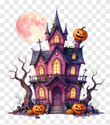 Haunted House With Halloween Pumpkins And Full Moon PNG