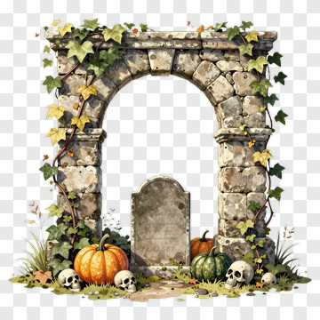 Halloween Graveyard Archway With Pumpkins And Skulls PNG