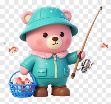 Cartoon Bear Fishing With A Basket Of Fish PNG
