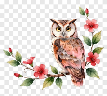 Watercolor Owl Perched On A Branch With Flowers PNG