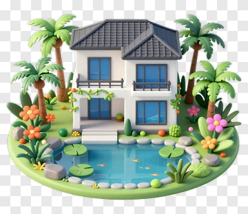 3D House Surrounded By Palm Trees And A Pond PNG
