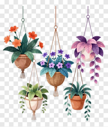 Hanging Flower Pots With Colorful Plants PNG