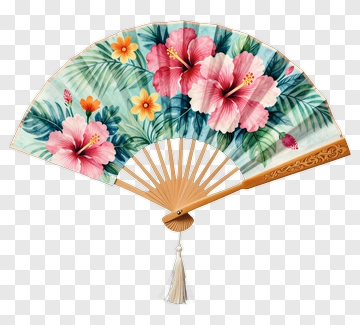 Floral Hand Fan With Hibiscus And Tropical Leaves PNG