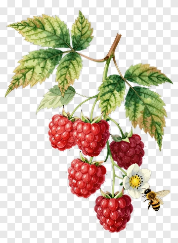 Raspberry Branch With Flowers And Bee PNG