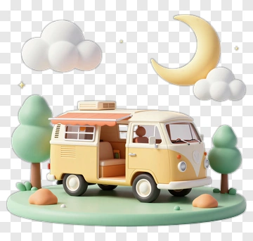 3D Camper Van Surrounded By Trees And Clouds PNG