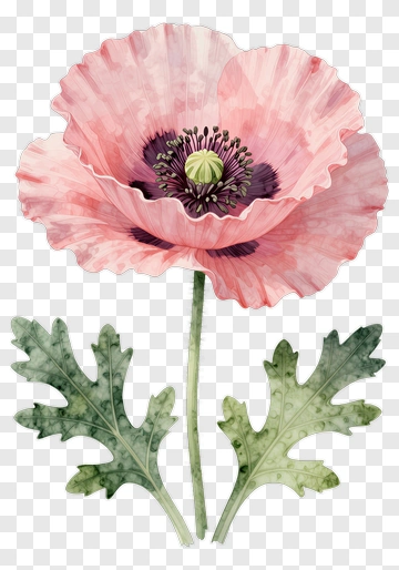 Pink Poppy Flower With Green Leaves PNG