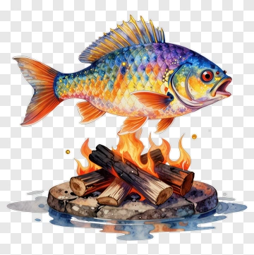 Colorful Fish Cooking Over A Campfire PNG