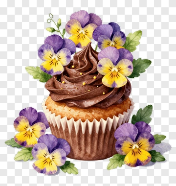 Cupcake Topped With Chocolate Frosting And Edible Flowers PNG