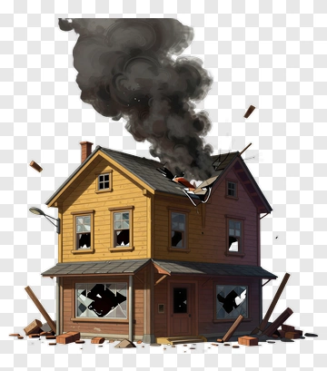 Burning House With Smoke And Debris PNG