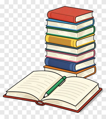 Stack Of Books And Open Notebook With Pen PNG