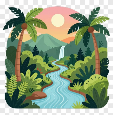 Scenic Jungle Landscape With Waterfall And River PNG