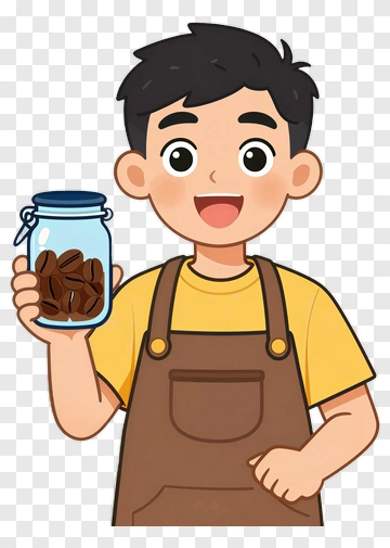 Cartoon Boy Holding A Jar Of Coffee Beans PNG