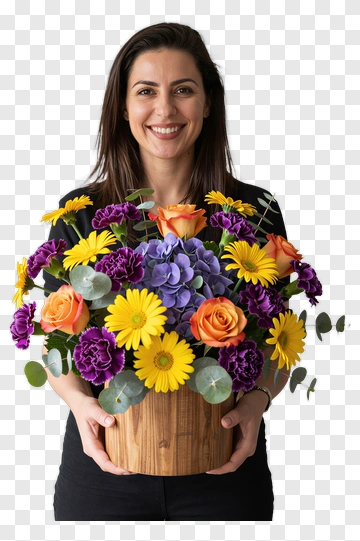 Woman Holding A Colorful Flower Bouquet PNG
