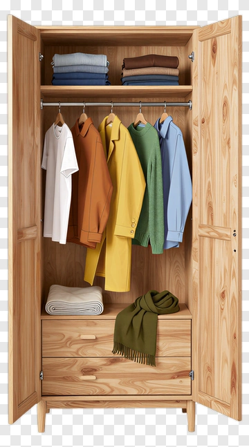 Wooden Wardrobe With Colorful Clothes PNG
