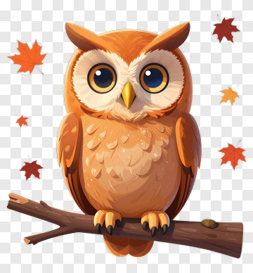 Cartoon Owl Sitting On A Branch With Autumn Leaves PNG