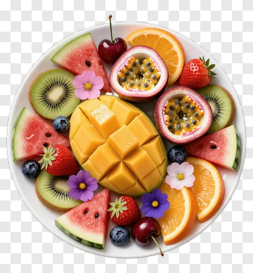 Colorful Fruit Platter With Flowers PNG