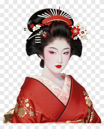 Geisha Woman In Traditional Red Kimono PNG