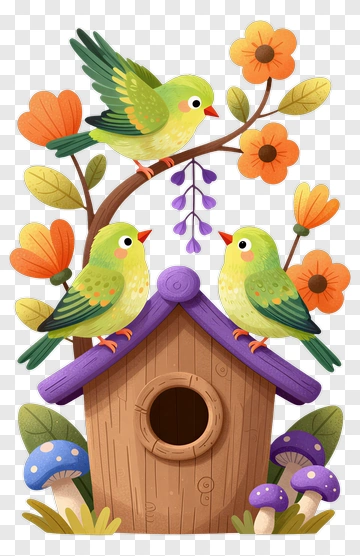 Colorful Birdhouse With Green Birds And Flowers PNG