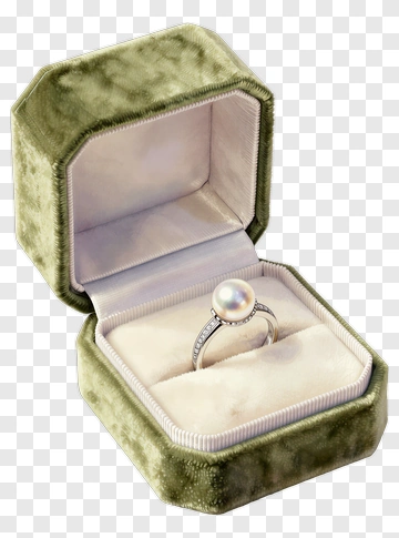 Elegant Pearl Ring In Green Velvet Box PNG