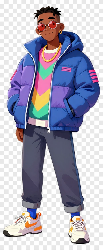 Cartoon Boy In Colorful Jacket And Sneakers PNG