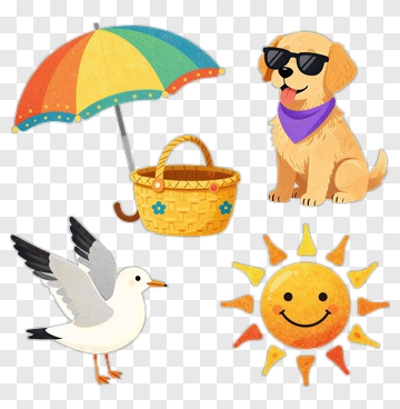 Colorful Summer Elements Including Dog And Sun PNG