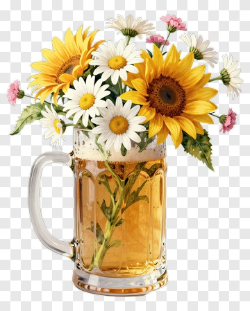 Beer Mug Filled With Sunflowers And Daisies PNG