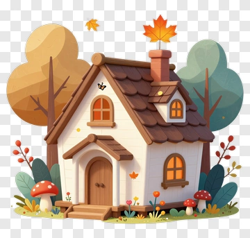 Colorful Cartoon House Surrounded By Trees And Mushrooms PNG