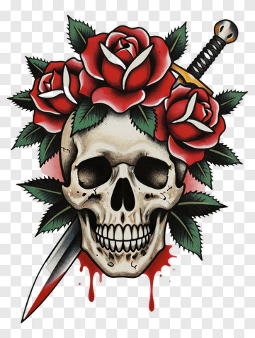 Skull Surrounded By Red Roses And A Sword PNG
