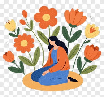 Woman Sitting Among Colorful Flowers PNG