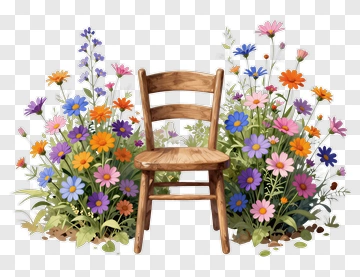 Wooden Chair Surrounded By Colorful Flowers PNG