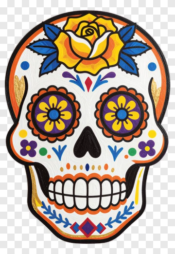 Colorful Sugar Skull With Floral Decorations PNG